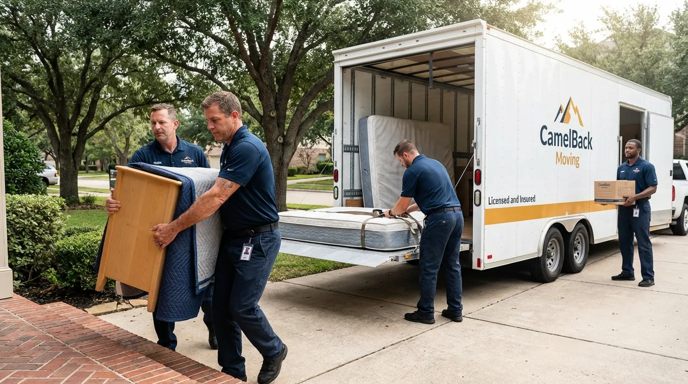 Crew loading residential truck for cross-state move from Santa Anna, TX