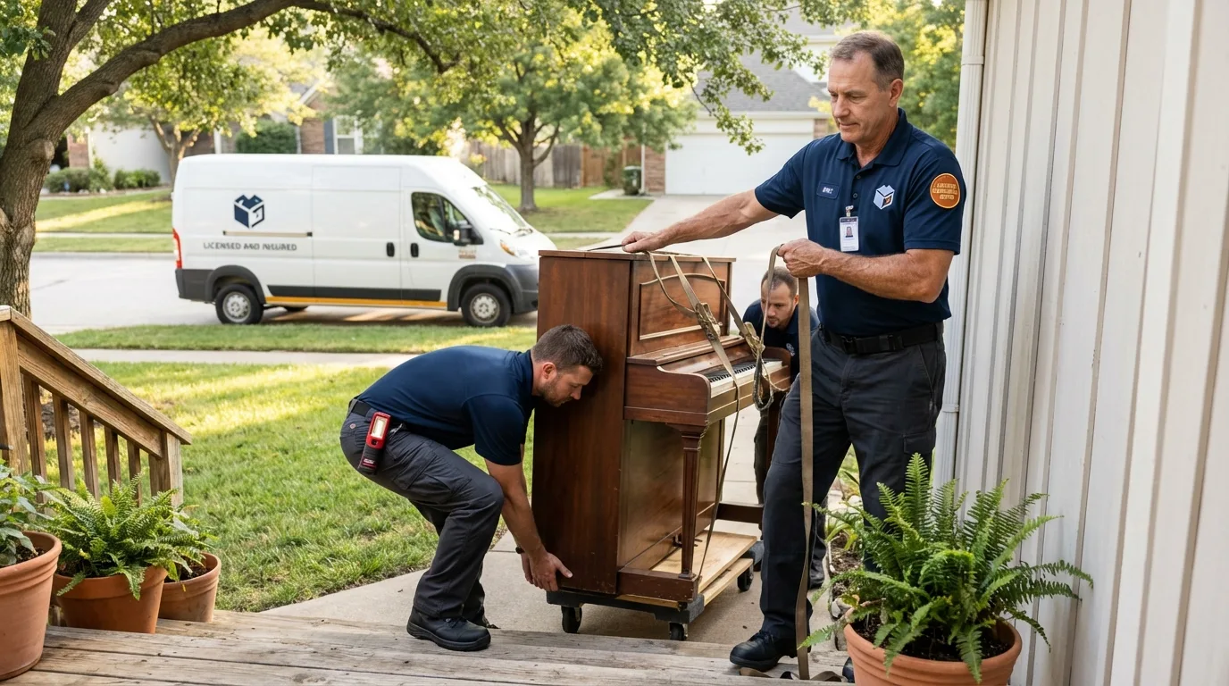 Licensed piano movers securing grand piano in Santa Anna, TX
