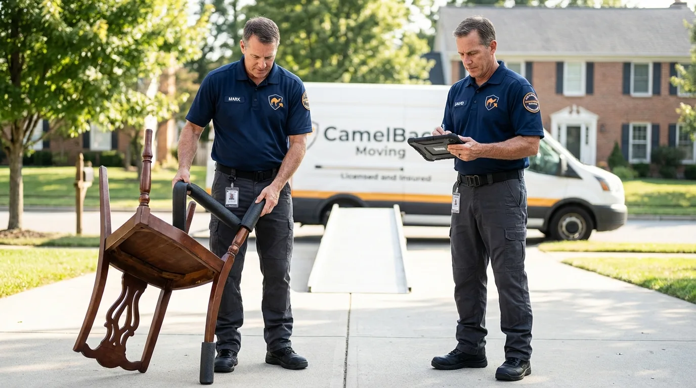Movers inspecting furniture for damage prevention before loading in Santa Anna, TX