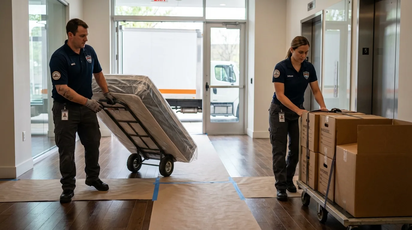 Professional apartment movers loading elevator in Santa Anna, TX