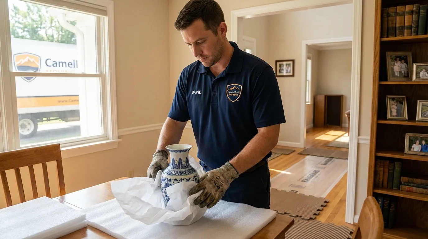 Professional crew carefully wrapping antique vase for senior downsizing move in Santa Anna, TX