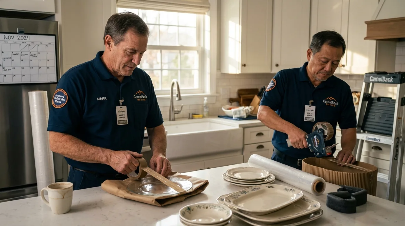 Professional crew packing kitchen dishware in Santa Anna, TX